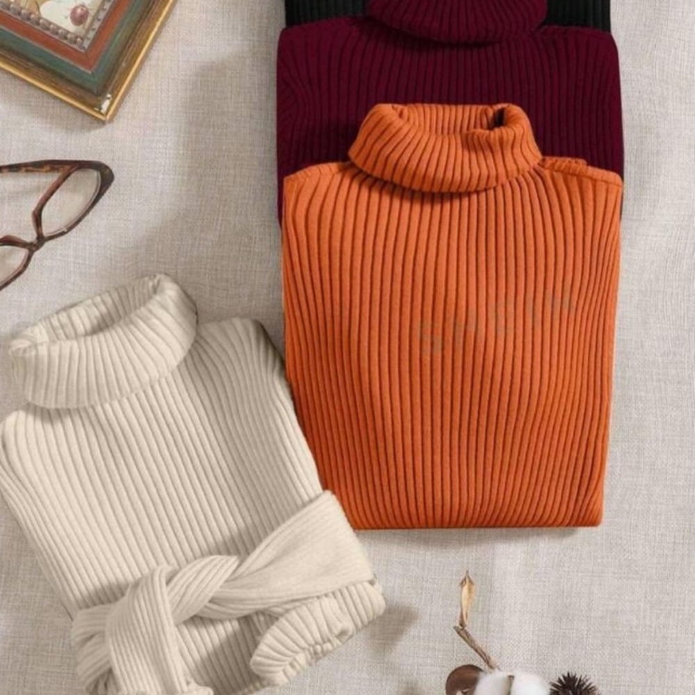 SHEIN Ribbed Turtleneck Sweater - Cream, Orange, Burgundy